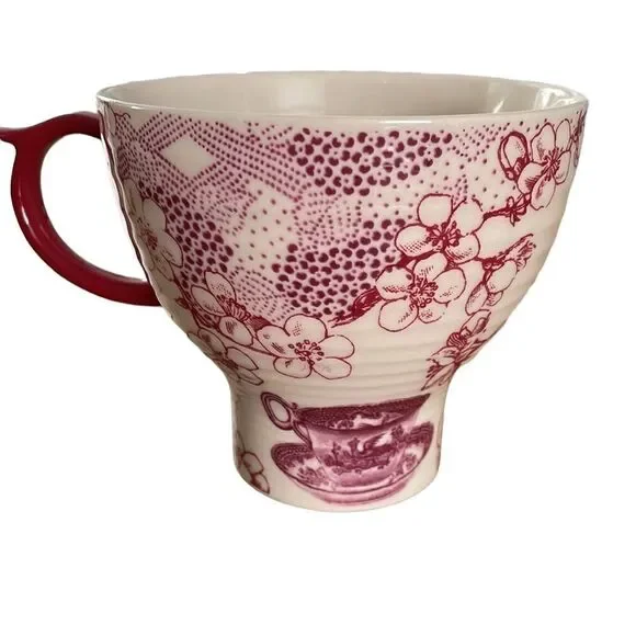 Anthropologie Cat & Cherry Blossom Flower Large Oversized Mug - Set Of 2 - Picture 3 of 7